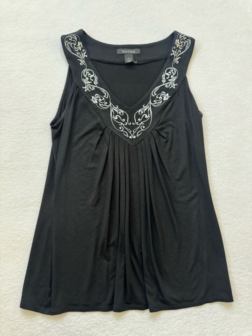 White House Black Market Black V-Neck Tank with White Embroidery